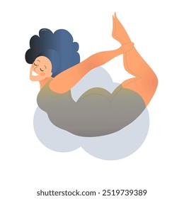 Plus size curvy lady doing yoga class. Vector illustration isolated on white. Online home workout concept. Body positive. Attractive overweight woman. 