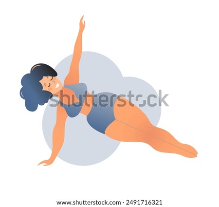 Plus size curvy lady doing yoga class. Vector illustration isolated on white. Online home workout concept. Body positive. Attractive overweight woman. 