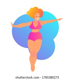 Plus size curvy lady enjoying swimming. Vector illustration isolated on white. Summertime fun. Bodypositive. Attractive overweight woman. Female in harmony, mental and body health.