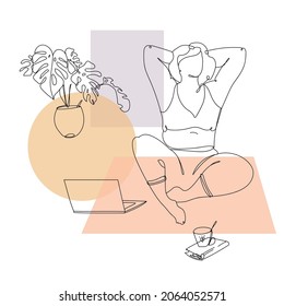 plus size curvy woman relaxing working at home and laptop sitting the floor and book   cup tea Vector illustration in trendy minimalist outline style 