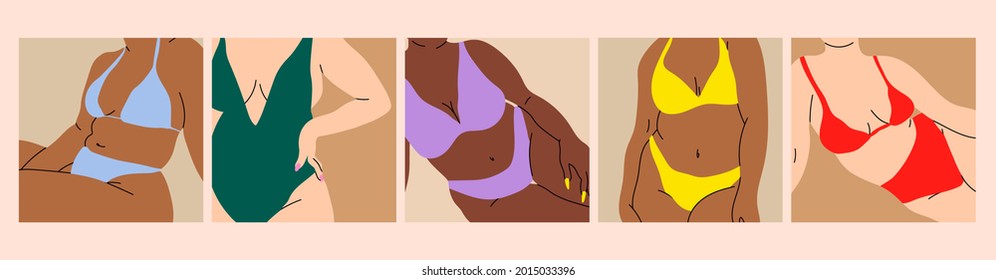 Plus size curvy Women in bikini. Beach underwear. Love and accept any body type. Healthy body, Body positive, fat acceptance movement, lifestyle and fashion concept. Hand drawn Vector set