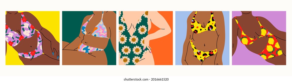 Plus size curvy Women in bikini. Beach underwear. Love and accept any body type. Healthy body, Body positive, fat acceptance movement, lifestyle and fashion concept. Hand drawn colored Vector set