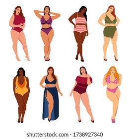 Plus size cute girls models in various poses vector illustration. Attractive overweight women flat style. Fat acceptance movement. Body positive concept. Isolated on white background