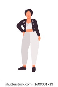 Plus size dark haired girl flat vector illustration. Curvy caucasian female cartoon character wearing white costume and black jacket. Body positive concept. Plump woman isolated on white background.