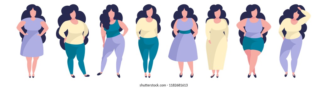 Plus size fashion. Vector set of cartoon style woman