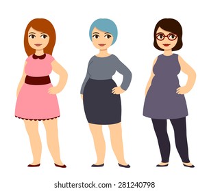 Plus size fashion. Young and pretty cartoon style girl wearing cute clothes.