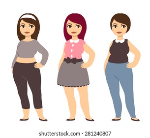 Plus size fashion. Young and pretty cartoon style girl wearing cute clothes.