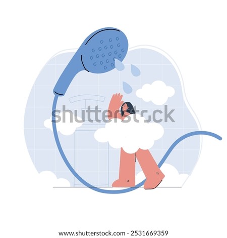 Plus size female is taking shower with soap bubbles in bathroom composition. Flat cartoon woman soaping up body while showering. Lady taking care of herself with relaxing foam wash. 
