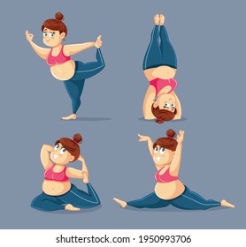 Plus Size Fitness Woman Doing Yoga Vector Illustration. Overweight sportswoman staying healthy and developing flexibility practicing Pilates for meditation and good posture
