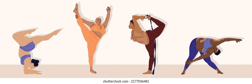 Plus Size Fitness Woman. Vector Set. Young Women In Various Poses. Fitness, Shape Support, Weight Loss, Healthy Lifestyle. Multiracial Womens. Body Positive. Flat Vector Illustration