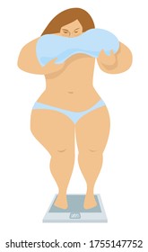 Una chica gorda con pechos grandes está parada en la balanza. En ropa interior. Ilustración vectorial. Aislado sobre un fondo blanco.