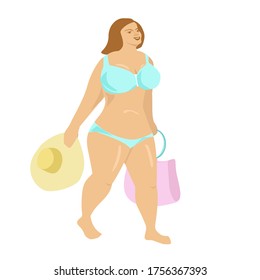 Más chica de tamaño. Con pechos grandes. En un traje de baño, con una bolsa de playa, un sombrero en la mano. Cuerpo positivo. Ilustración vectorial. Aislado sobre un fondo blanco.