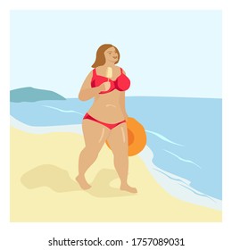 Plus size girl. With big breasts. In a red swimsuit , with ice cream, a hat in his hand. Body  positive. Concept in flat cartoon style. Vector illustration.