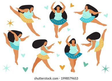 Más chica de talla bailando como bailarina. Cuerpo positivo, poder de chica. Ilustración vectorial plana. Ama tu motivación corporal. Sin vergüenza. 