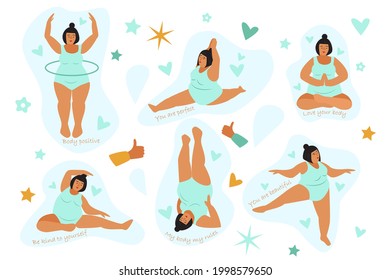 Más chica de talla haciendo ejercicios para el cuerpo. Lemas corporales positivos, conjunto de stickers. Ilustración vectorial plana. Ama tu motivación corporal. Sin vergüenza. 
