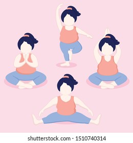 Plus Size Girl Doing Yoga Vector Cartoon.