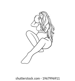 Plus size girl drinks coconut water sits on tropical leaves. Body positive concept. Attractive overweight woman in cute swimsuit. Concept for fat acceptance movement no fatphobia. Outline vector 