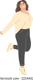 Plus size girl jumps. Flat vector illustration.