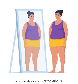 Plus size girl looks at herself in a mirror. Overweight woman. Fat young girl. Vector illustration