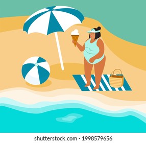Plus size girl on the beach on summer with ice cream, umbrella and ball. Body positive illustration. Love your body motivation. No shaming. 