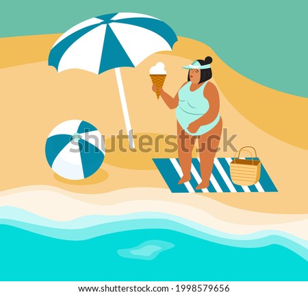 Plus size girl on the beach on summer with ice cream, umbrella and ball. Body positive illustration. Love your body motivation. No shaming. 