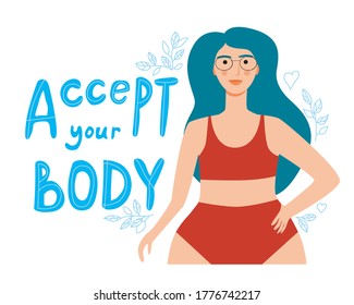 Plus size girl in a red bathing suit and glasses with the text I accept my body as a concept body positive, beauty plus size, adoption of  excess weight and overeating. Flat vector stock illustration 