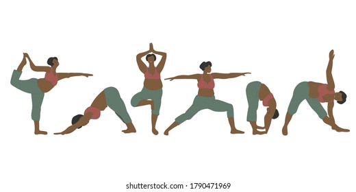 Plus size girl in various yoga asanas. A african woman in a bra and sports legends goes in for sports. Vector illustration in hand drawing flat style, isolated on white background. 