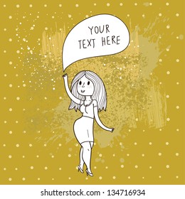 Plus size girl in vector. Cartoon beautiful woman with textbox