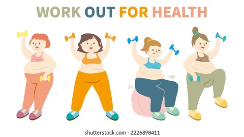 Plus size girl wearing yoga clothes exercise to lose weight. Flat of fitness women work out with dumbbell and swiss ball vector. Over weight female training sweat a lot. Fat chubby people go on gym.