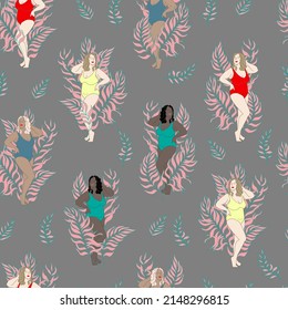 plus size girls with different skin and hair colors in swimsuits on the beach with palm leaves vector seamless pattern. Full girls of different races on the background of palm trees background