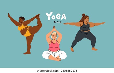 Plus size Girls Practice Yoga With Confidence And Strength, Embracing Body And Its Capabilities, Dispelling Stereotypes Of Physical Fitness And Beauty Standards. Cartoon People Vector Illustration