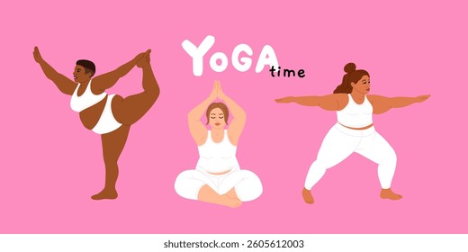 Plus size Girls Practice Yoga With Confidence And Strength, Embracing Body And Its Capabilities, Dispelling Stereotypes Of Physical Fitness And Beauty Standards. Cartoon People Vector Illustration