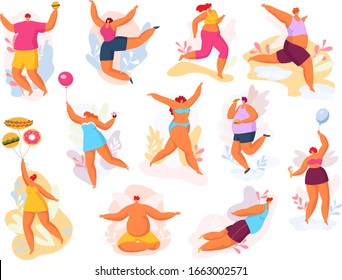 Plus size happy dancing people vector illustration set. Fat man woman, cartoon big size curvy smiling character flying, jumping, meditating creative dance pose. Active lifestyle, body positive concept