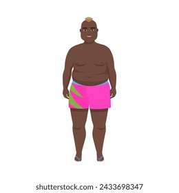 Plus size happy man in pink swimsuit standing on beach and smiling vector illustration