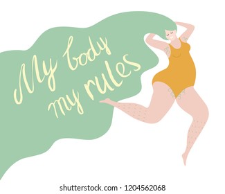 Plus size happy woman with body hair. Body positive concept. Active lifestyle illustration