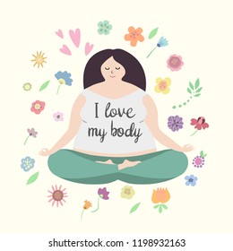 Plus size happy woman to do yoga. Body positive concept. Active lifestyle illustration