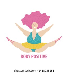 Plus size jumping ballerina. Body positive concept. Flat vector illustration isolated on white background.