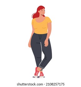 Plus Size Lady Fashion, Sexy Plump Woman Dressed in Tight Black Jeans, Sneakers and Slinky Yellow Top Posing. Attractive Female Character, Love Your Body Concept. Cartoon People Vector Illustration