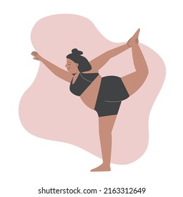 Plus size Latin American woman doing gymnastic exercise. Body positive concept. overweight model. Love yourself and love your body concept. Vector flat stock illustration with liquid pink background