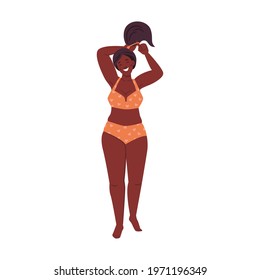 Plus size little plum afro american woman in bikini, body positive lady in swimsuit isolated, flat cartoon character. Vector female in summer swimwear. Overweight smiling girl, fashion model