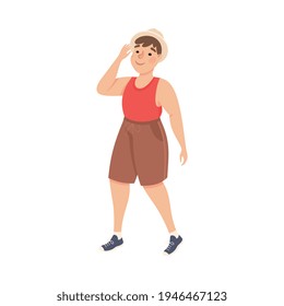 Plus Size Man Character in Shorts Walking and Smiling Vector Illustration
