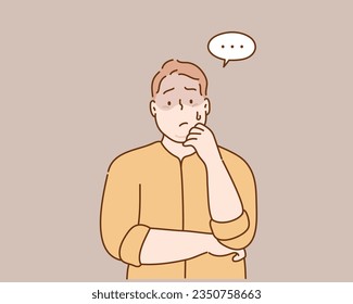 plus size man with hand on chin thinking about question, pensive expression. Hand drawn style vector design illustrations.