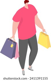 Además de las grandes compras de hombres, llevando bolsas coloridas, estilo casual, consumidor moderno. Positividad corporal, belleza diversa, ilustración vectorial masculina de moda.