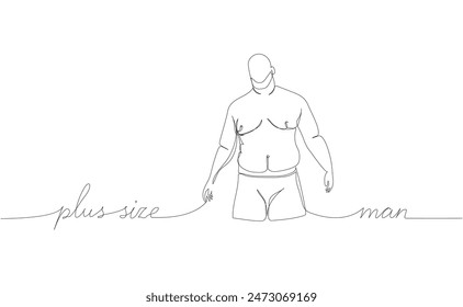 plus size man, thick person one line art. Continuous line drawing of body positive, overweight, plus size model, XL, health, fashion, self acceptance with inscription, lettering, handwritten.