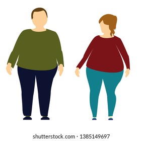 Plus Size Man And Woman. Body Positive Concept. I Love My Body. Attractive Overweight Couple. For Fat Acceptance Movement, No Fatphobia. Illustration On White Background