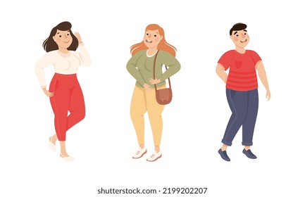 Plus Size Man and Woman Standing and Smiling Accepting Their Physical Body Vector Set