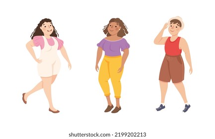 Plus Size Man and Woman Standing and Smiling Accepting Their Physical Body Vector Set