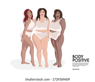 Plus size model friends, girls support girls, girls gang. Curves, body positive diverse  woman  illustration. Overweight sport body in swimsuit.  Happy positive cartoon characters, vector.