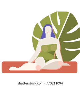 Plus size model in a green swimsuit under a sheet of monstera. Flat style. Vector illustration.