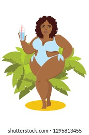 Plus size model in a swimsuit with a drink on the beach. Cartoon character vector illustration. Palm tree background.